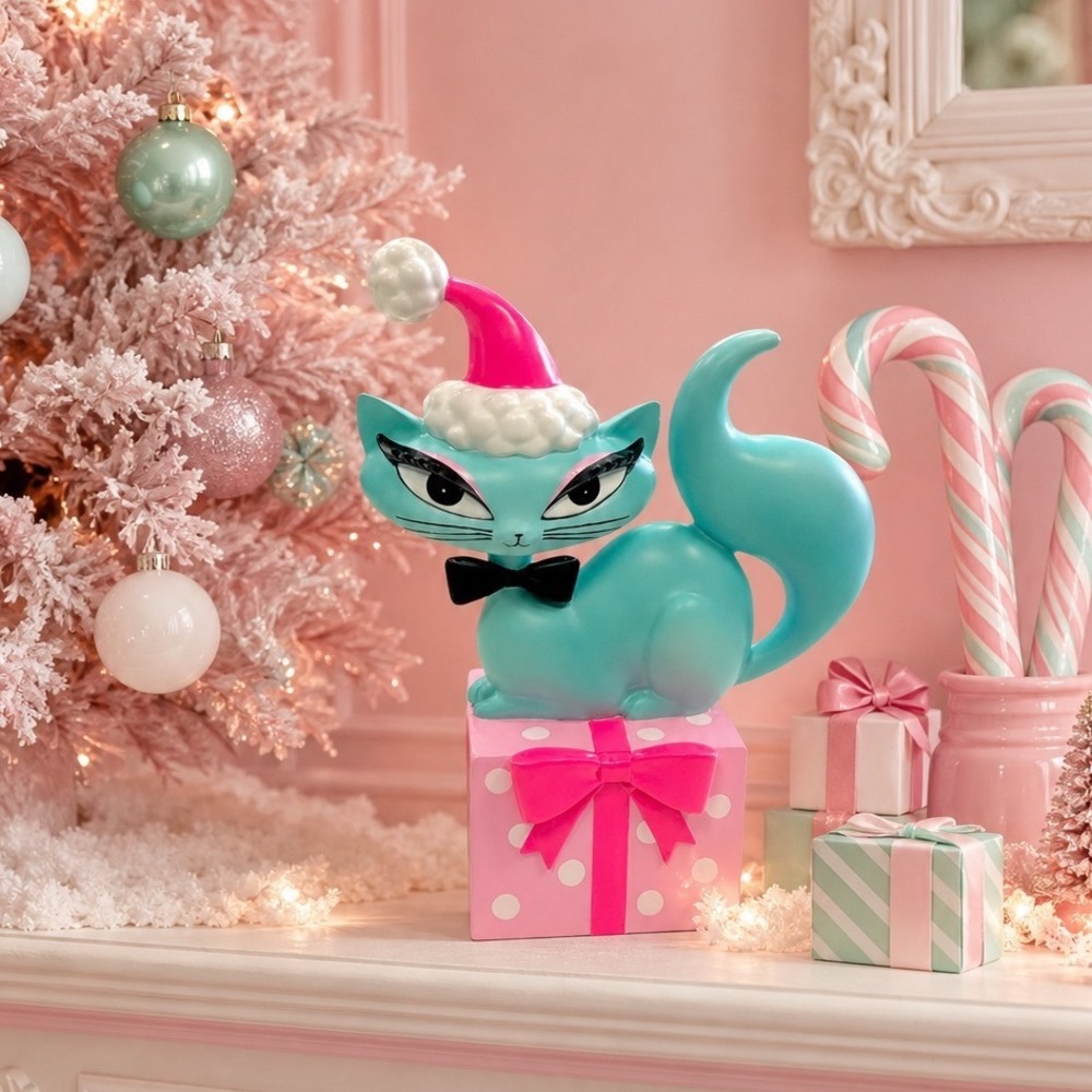 December Diamonds Swanky Christmas Kitty On Present By Miss Fluff 10" Figurine